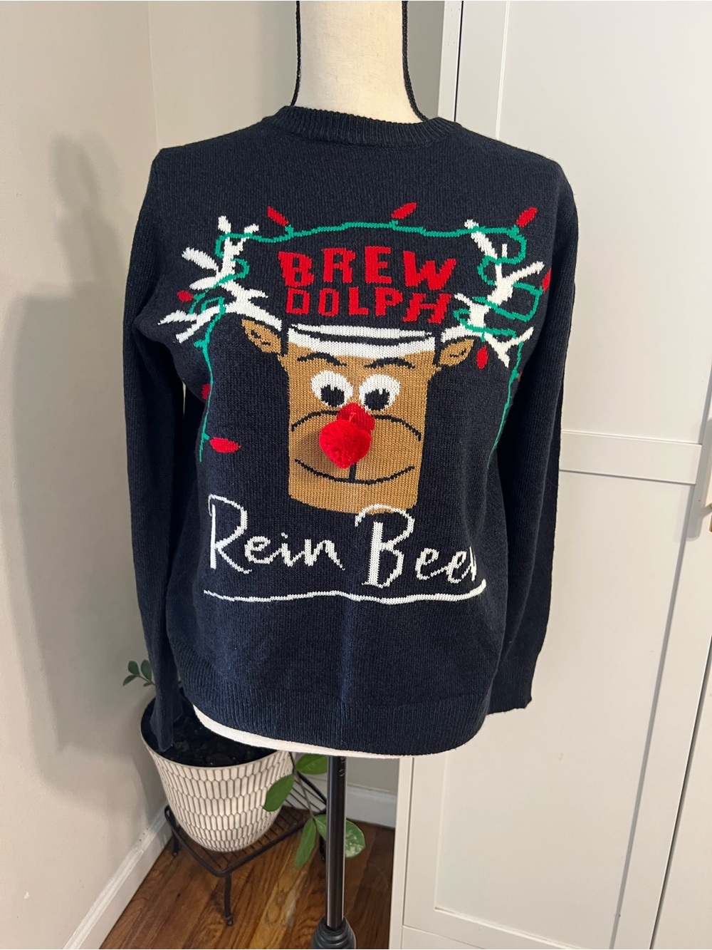 Ugly Christmas Sweater Black Off-the-Shoulder Reindeer with Red Pom Nose